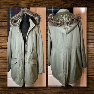 Long Tall Sally Khaki Parka with Faux Fur Trimmed Hood Size 14